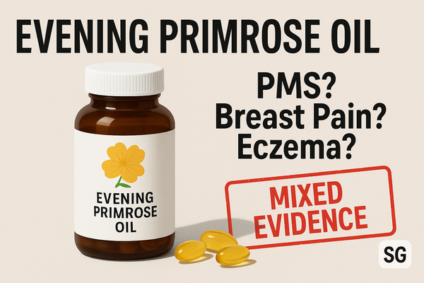 Woman reading evening primrose oil supplement label and tracking symptoms