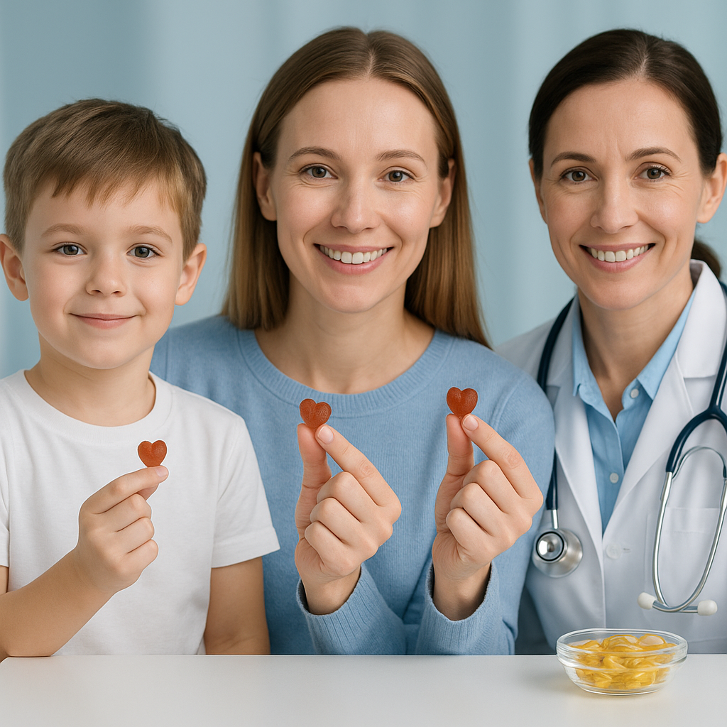 Parent and child holding omega-3 gummy supplements at home, with a capsule bottle on the table
