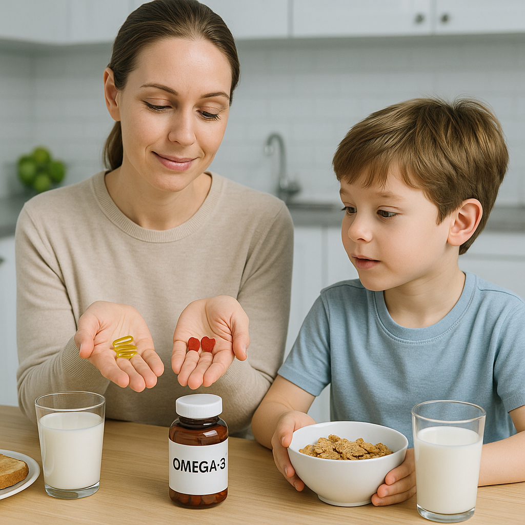 Parent and child comparing omega-3 gummies and softgel capsules at a kitchen table