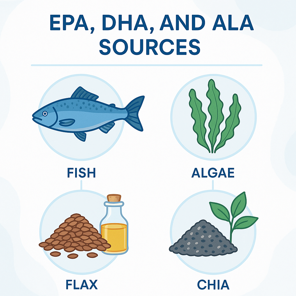 Infographic showing omega-3 types (EPA, DHA, ALA) and common sources such as fish, algae, flax, and chia