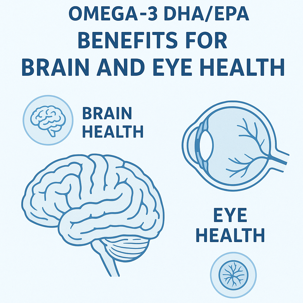 Illustration highlighting EPA and DHA and their general roles in brain, eye, and cardiovascular health