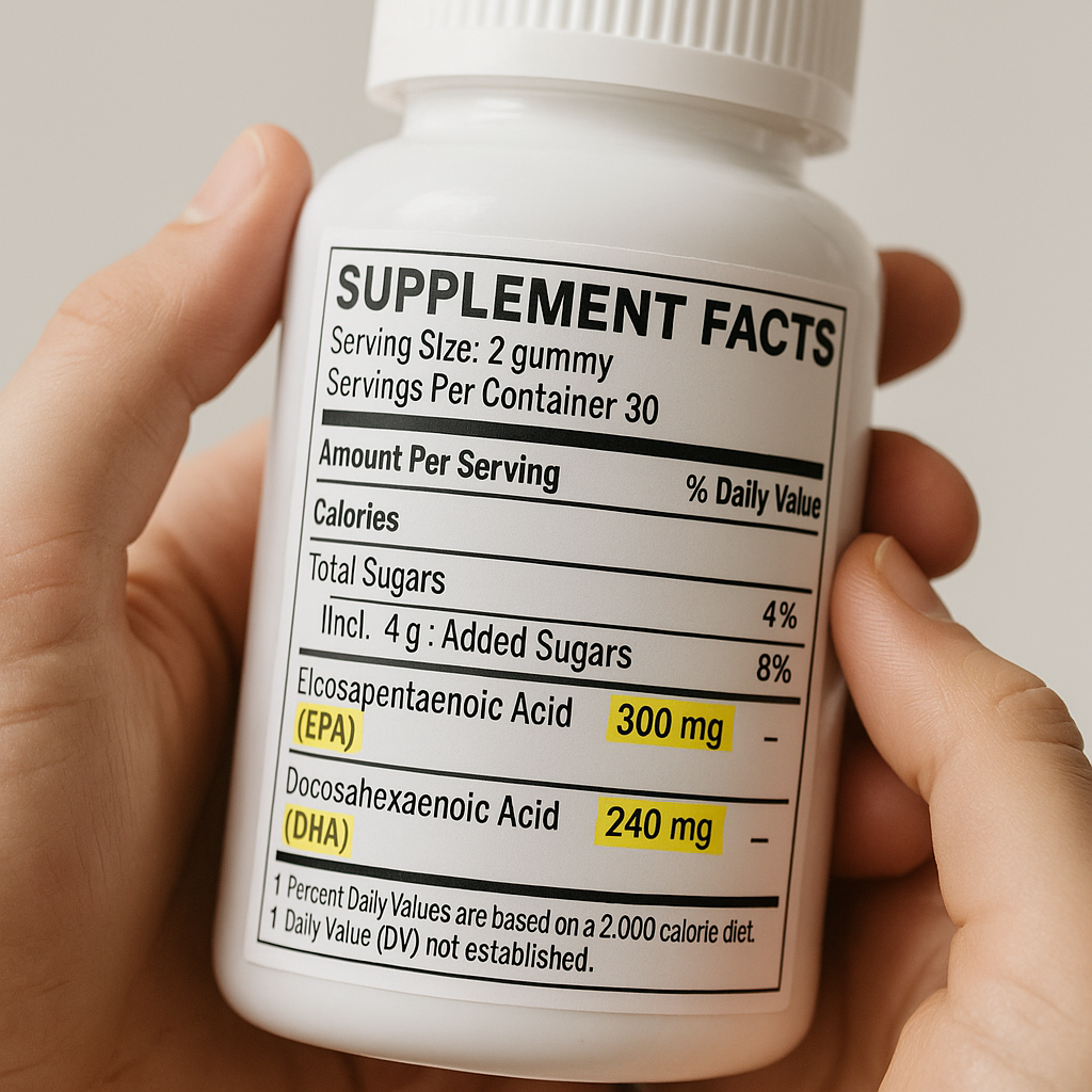 Close-up of a supplement facts label with EPA, DHA, serving size, and sugar content highlighted