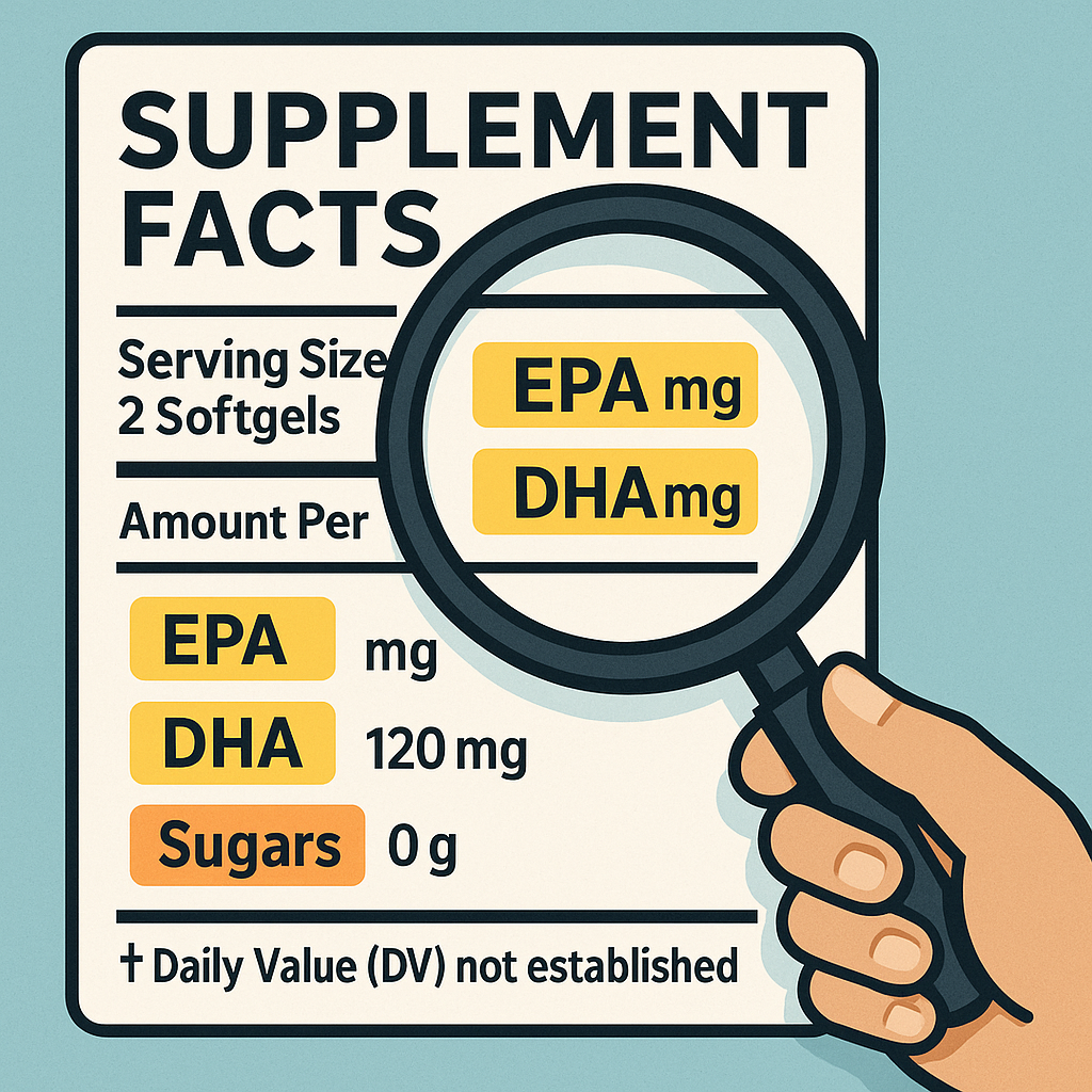 Close-up of a supplement facts label with EPA, DHA, serving size, and sugars highlighted