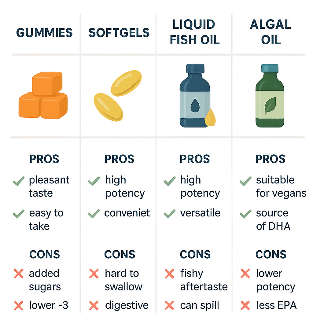 Comparison of omega-3 supplement forms: gummies, softgels, liquid fish oil, and algal oil